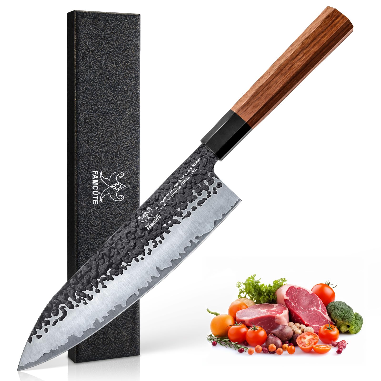 FAMCÜTE 8-Inch Japanese knife blade close-up highlights a razor edge for precise slicing.