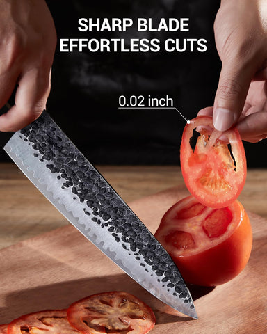 FAMCÜTE kitchen knife in use on vegetables illustrates efficient prep and clean cuts.