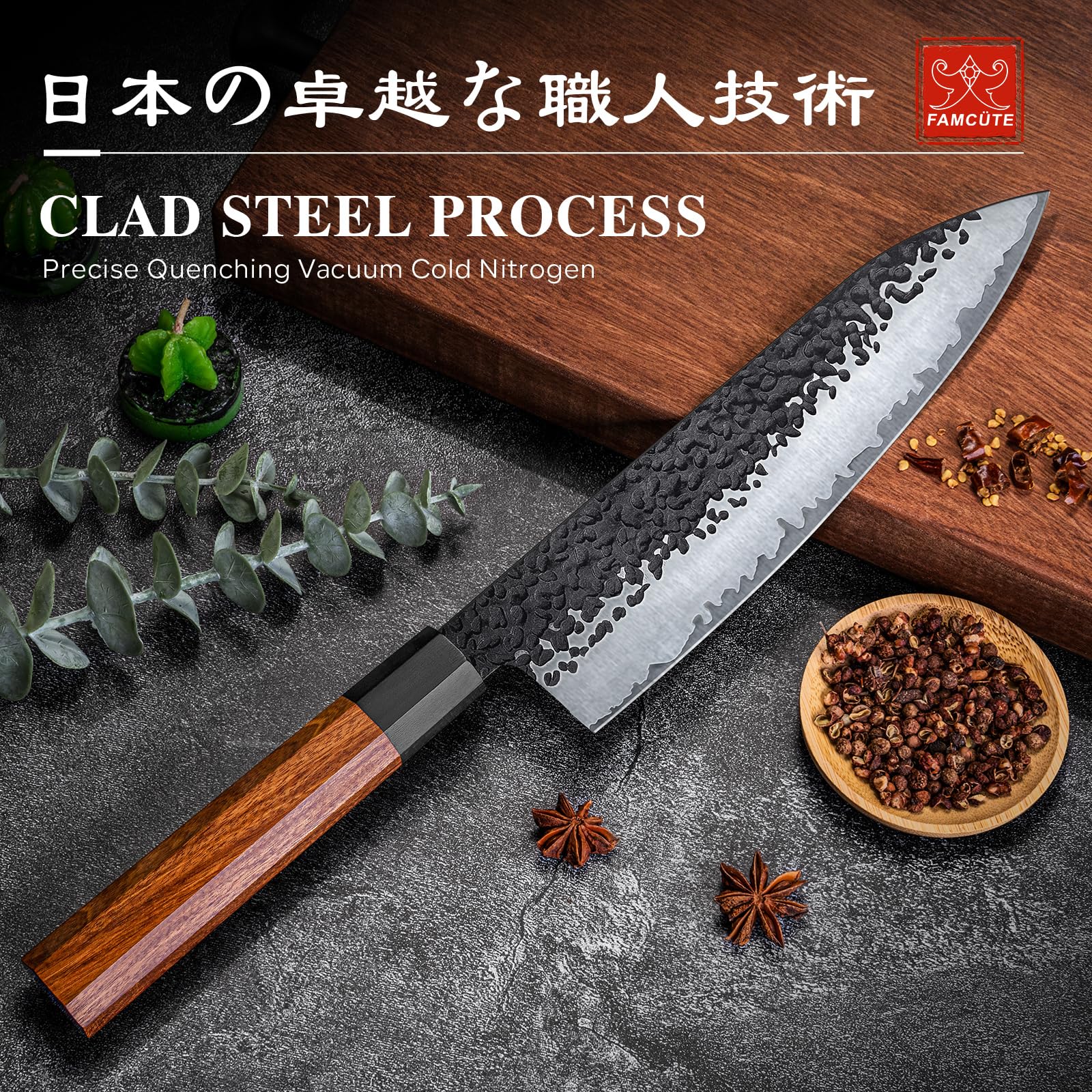FAMCÜTE knife rosewood handle portrait emphasizes comfortable grip and balanced control.