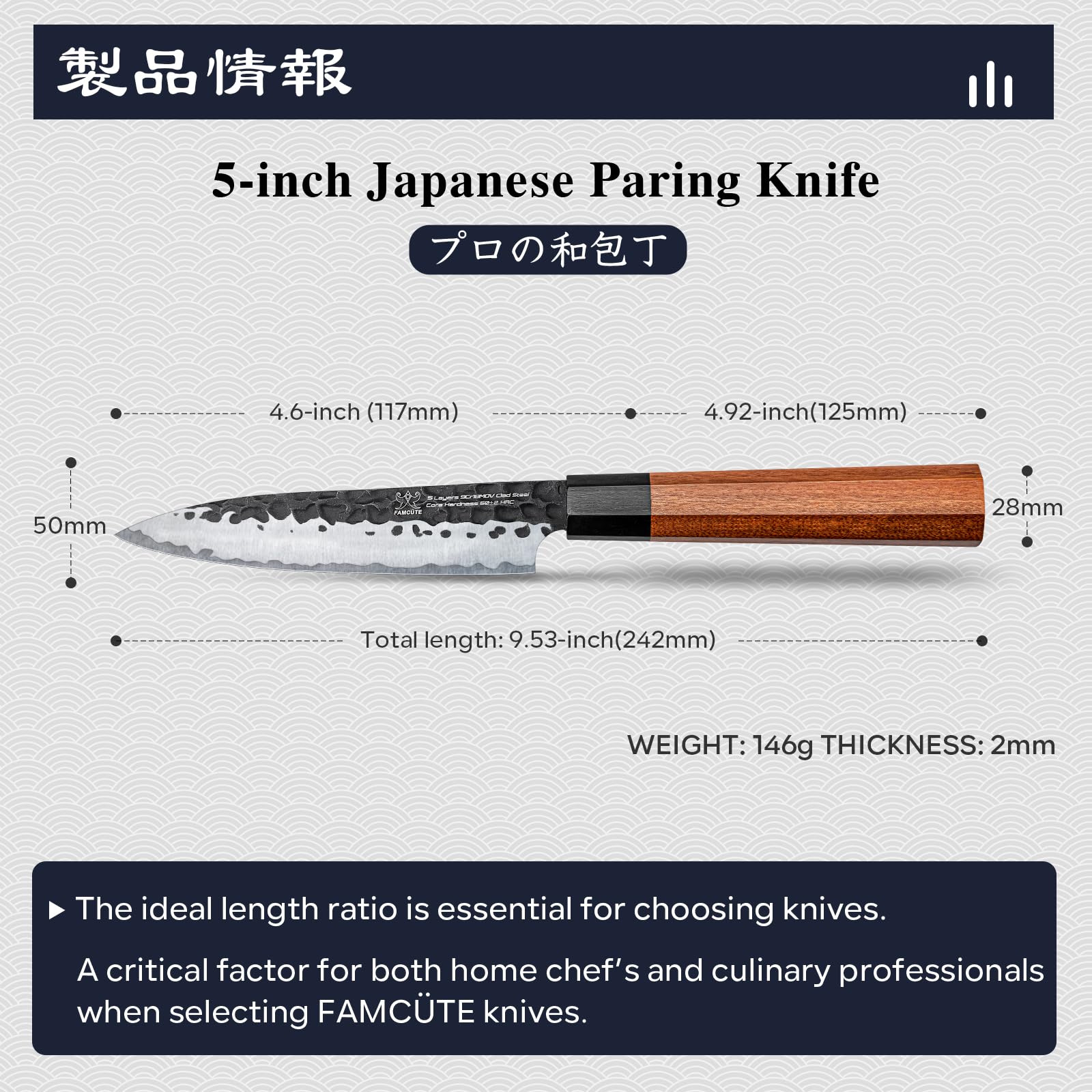 FAMCÜTE knife in hand demonstrates balanced weight for easier chopping.