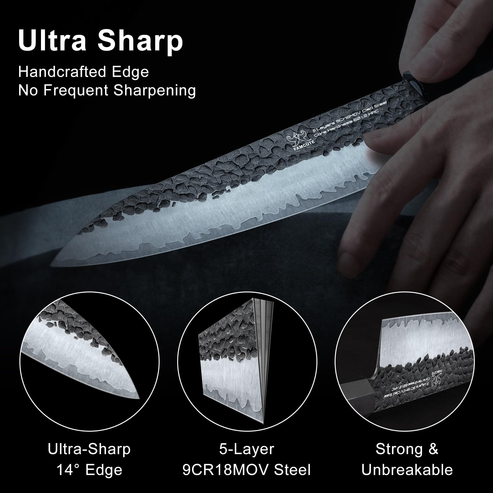 FAMCÜTE knife slicing vegetables with clean, even cuts.