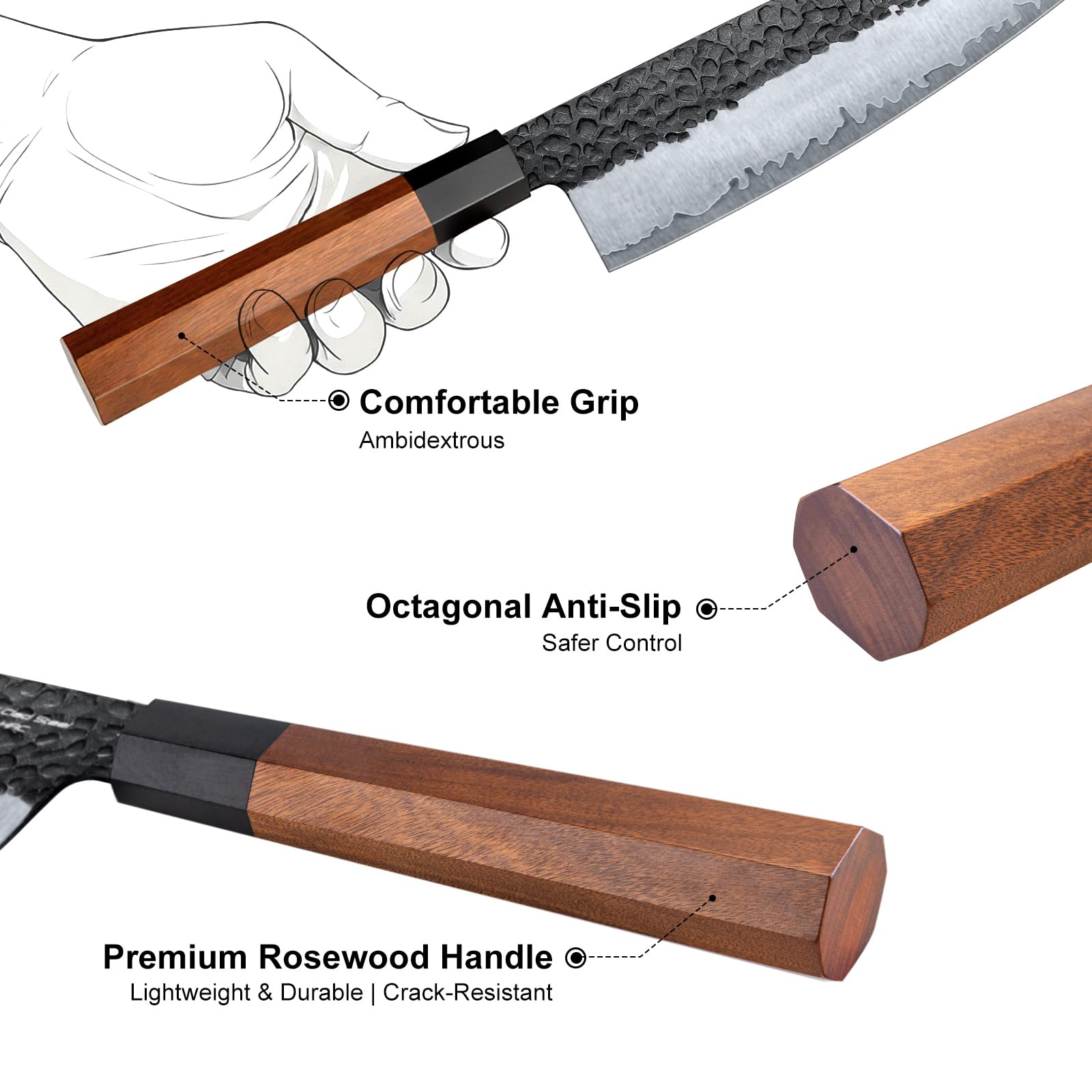 FAMCÜTE non-slip rosewood handle supports steady control during prep.