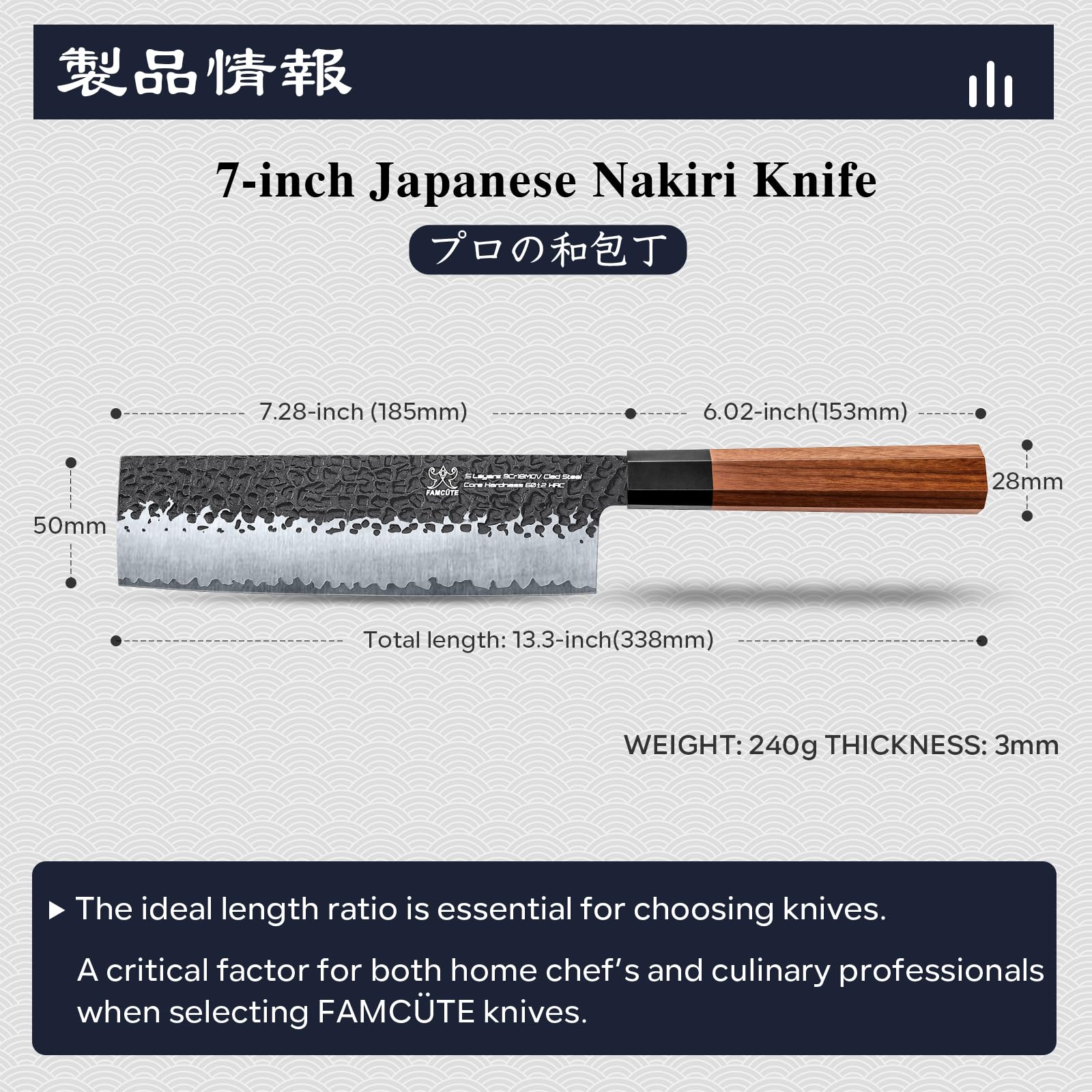 FAMCÜTE rosewood handle on knife emphasizing ergonomic grip