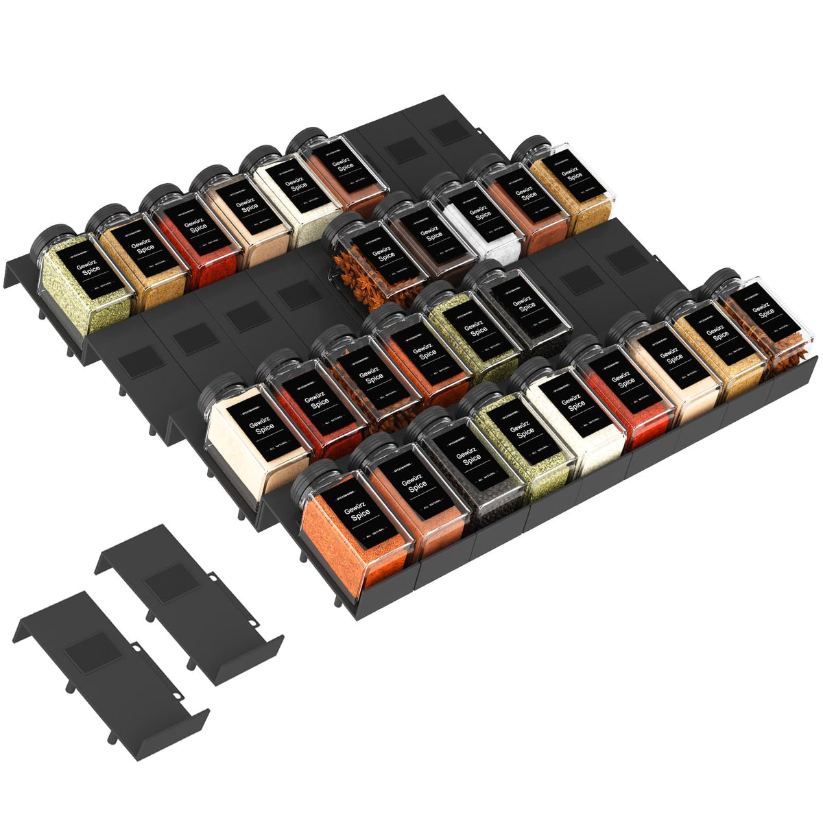 Famhap spice drawer organizer with interlocking inserts keeps jars flat and accessible.