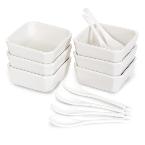 FAMHH 6oz white porcelain bowls ideal for sauces and desserts on any table.