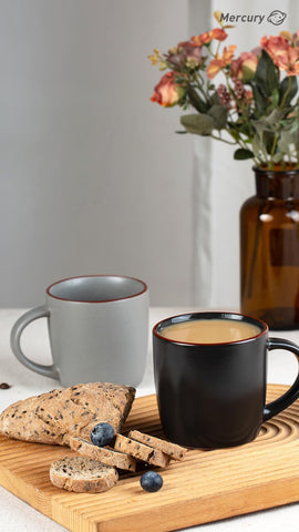 Close-up of speckled glaze on Famiware Mercury mugs.