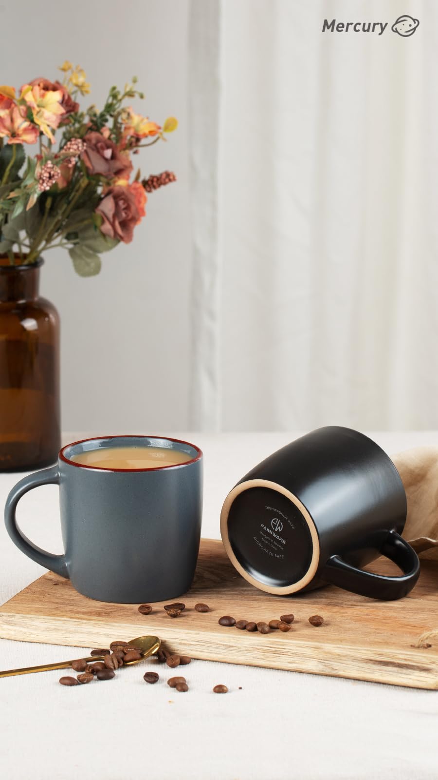 Sturdy stoneware construction for everyday use with Famiware Mercury mugs.