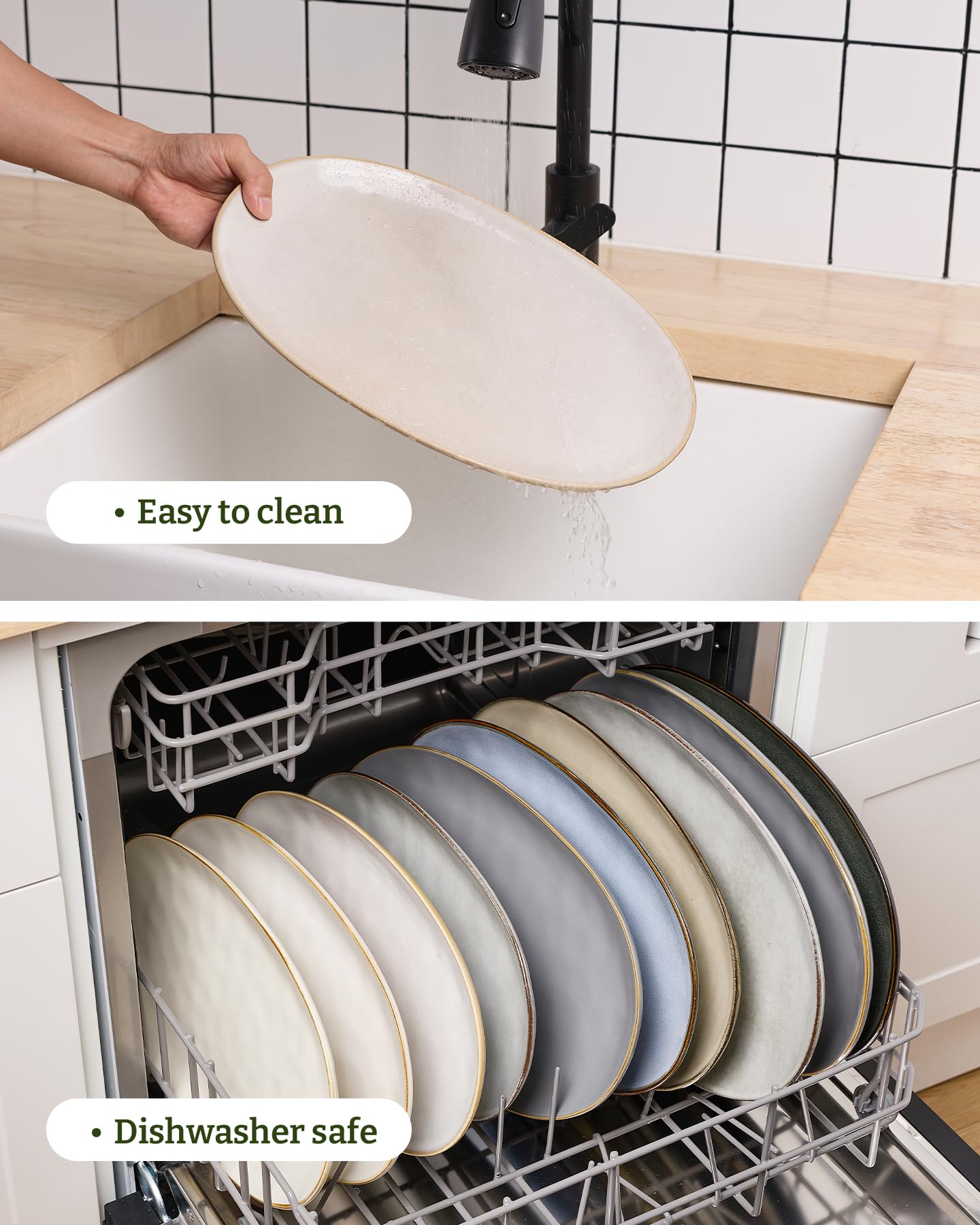 Famiware Ocean Series stoneware platter demonstrating microwave and dishwasher safety.