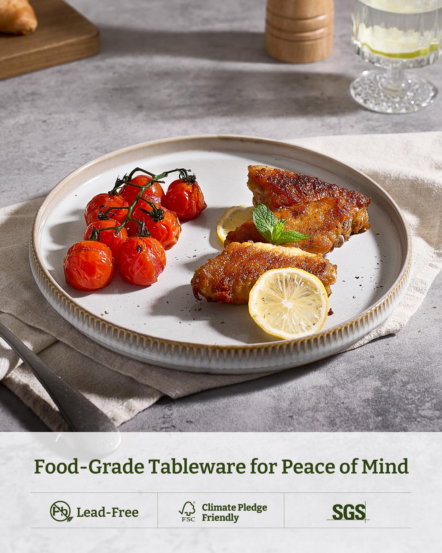 Lead-free and cadmium-free dinnerware safe for family use.