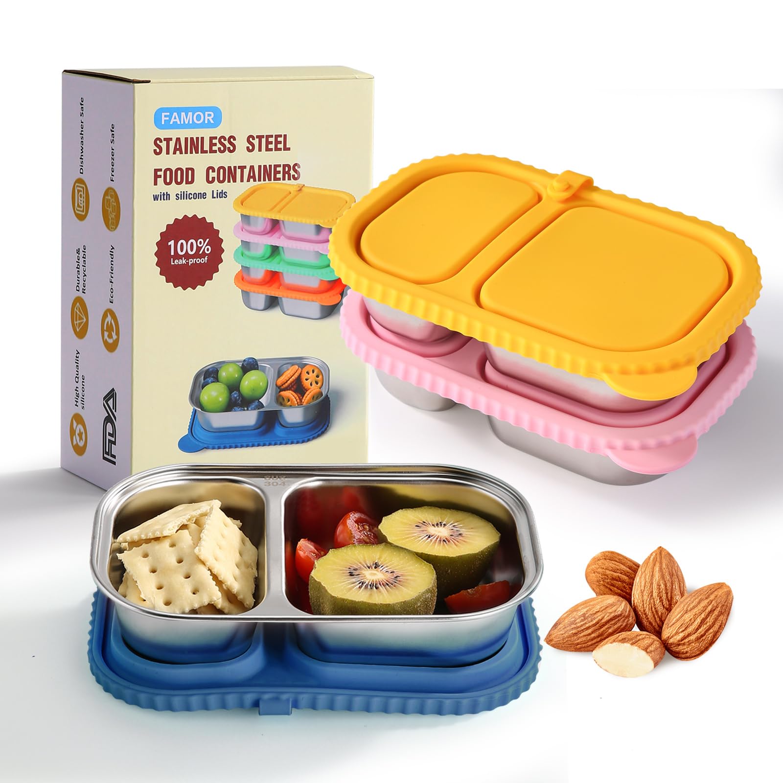 FAMOR 3-pack stainless steel snack containers with lids for on-the-go meals
