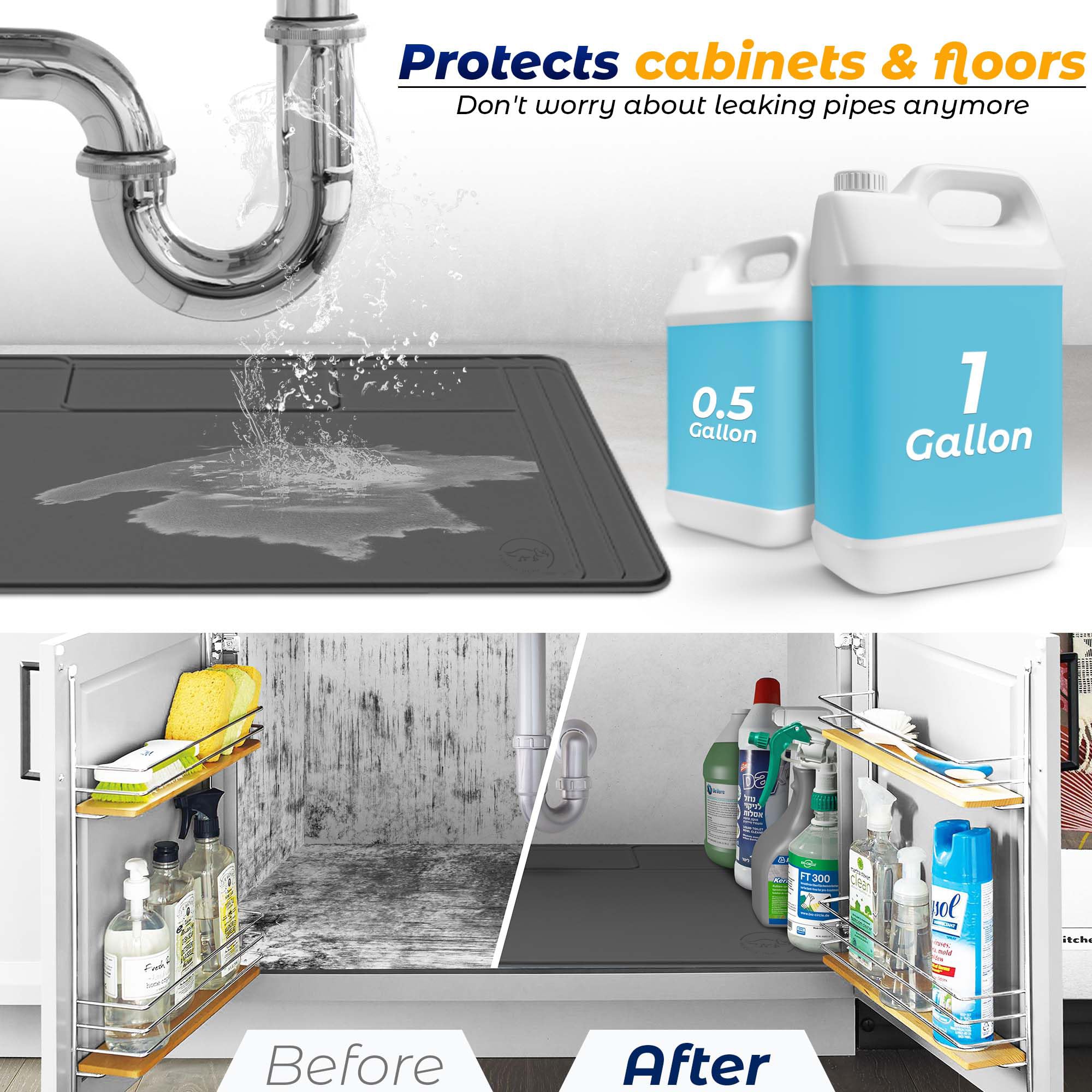 Famous Dino flexible under-sink mat folds easily around pipes for a snug fit.