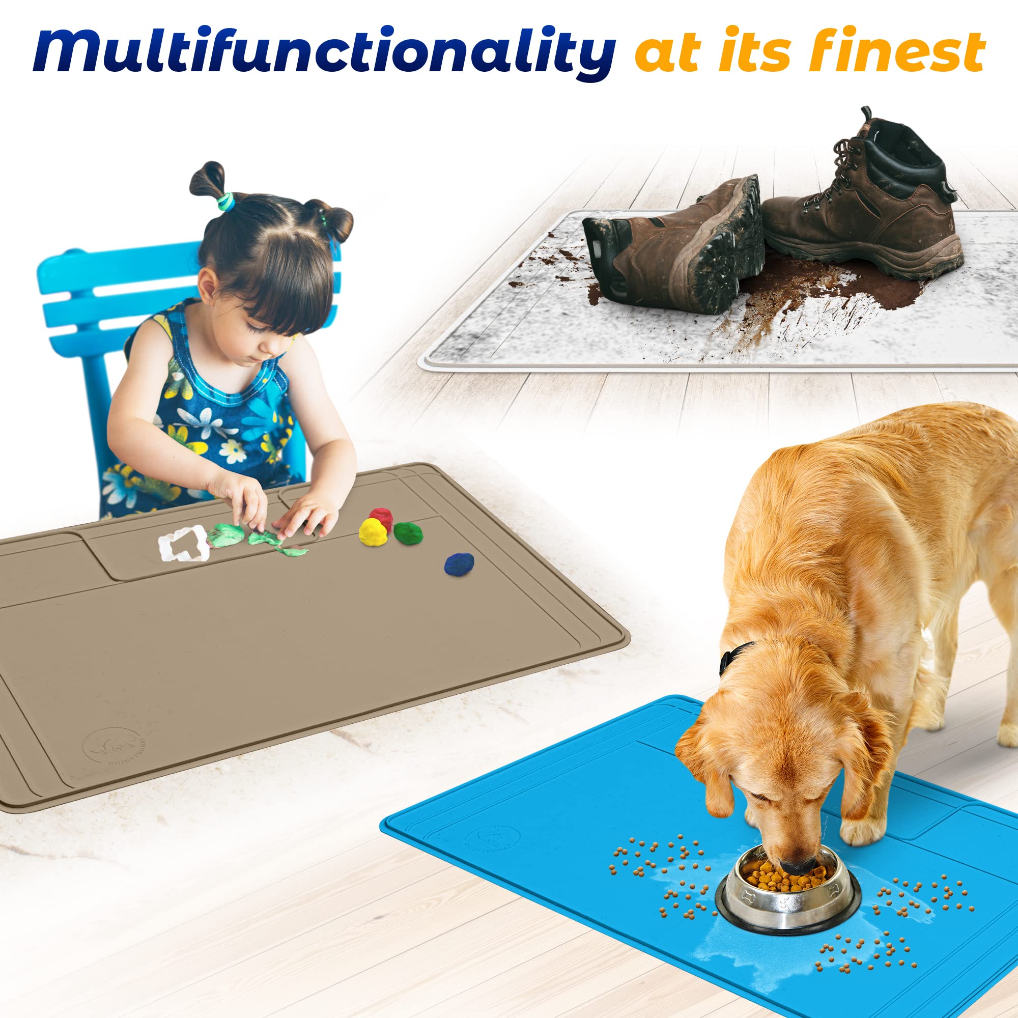 Famous Dino pet feeding mat keeps bowls in place under sinks.