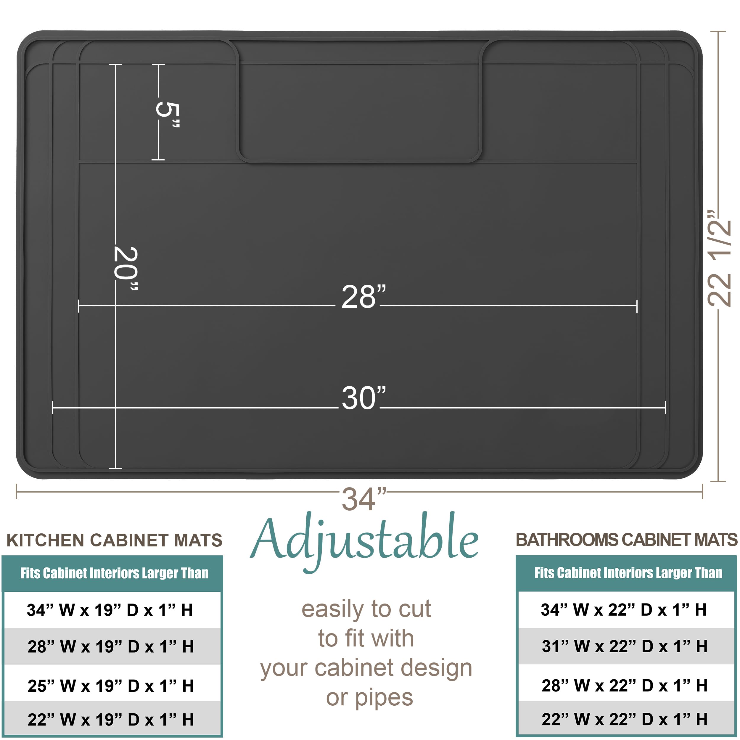 Famous Dino silicone waterproof mat cut-to-fit for custom cabinet protection.
