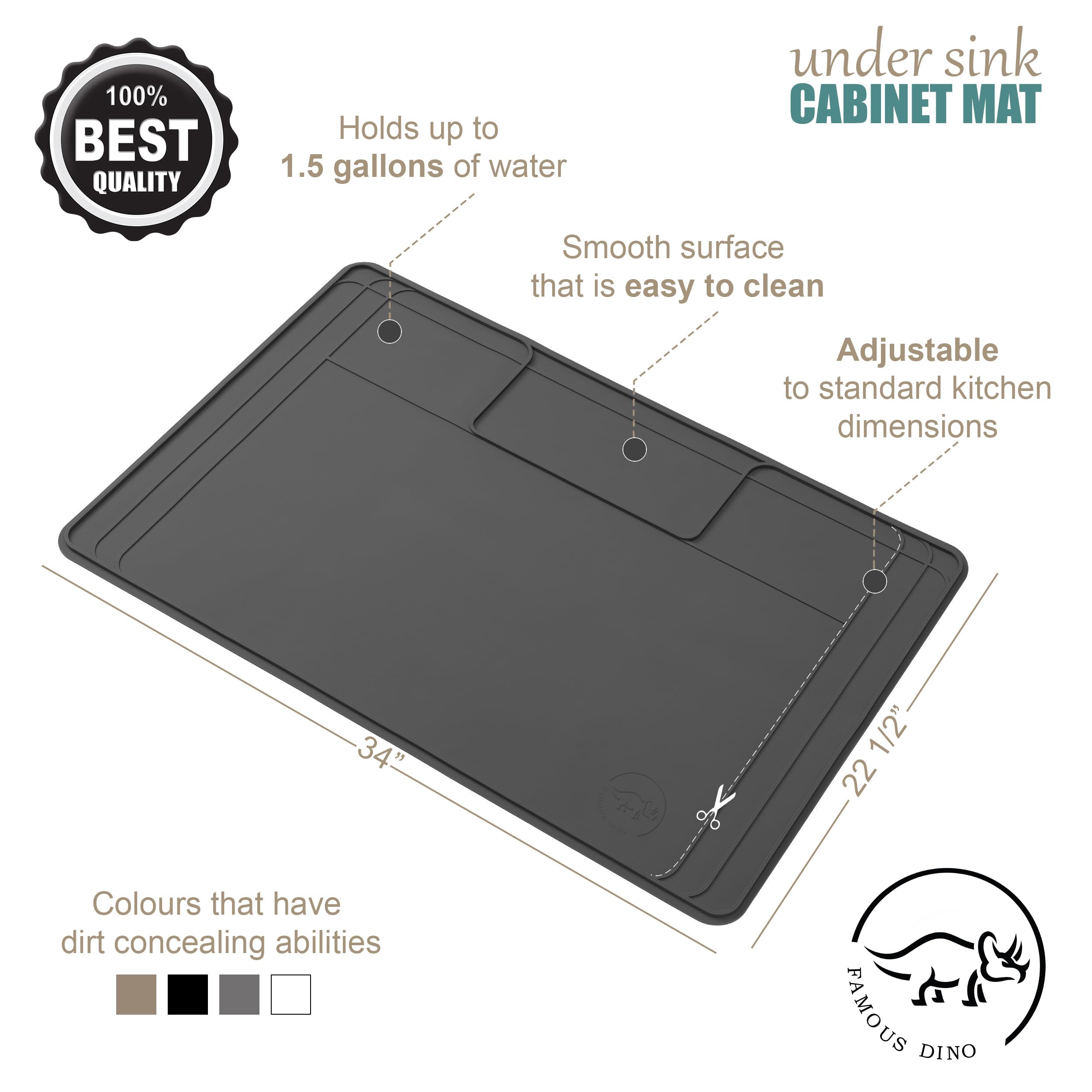 Famous Dino trim-to-fit mat demonstrates adjustable size for different cabinet depths.