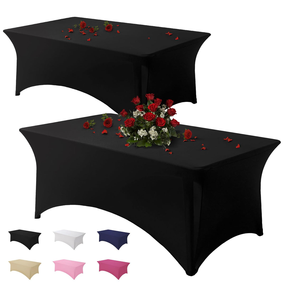 Famstar 6ft black spandex tablecloth drapes smoothly for a neat, wrinkle-free banquet setup.