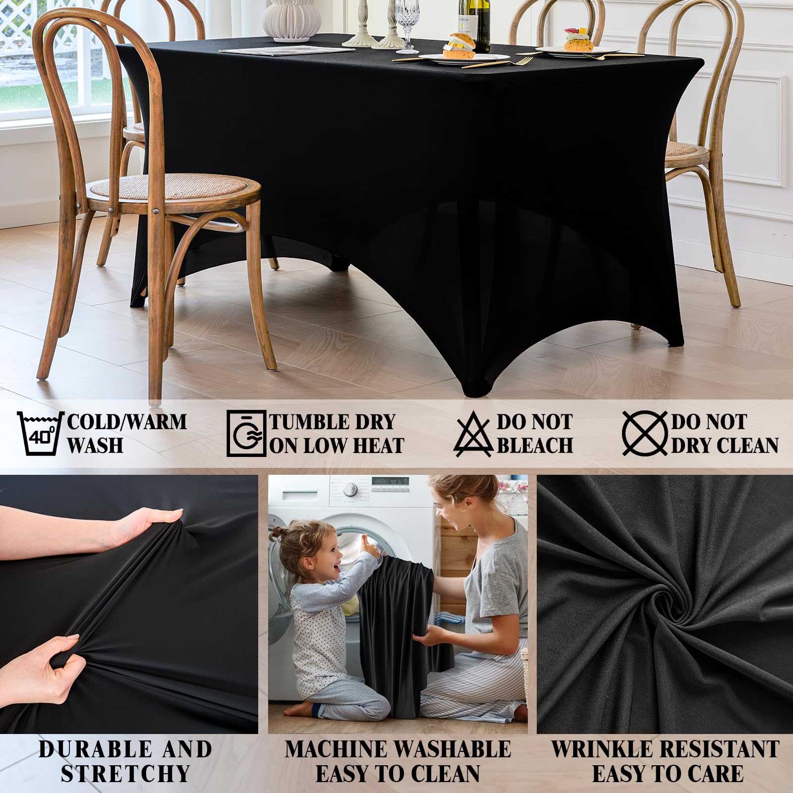 Fits 6ft rectangular tables with four-way stretch and secure corners.