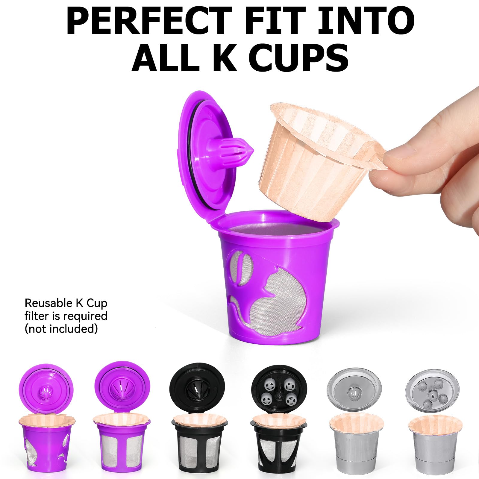 Close-up of disposable filter fitting into a reusable K Cup pod by Fanativita.