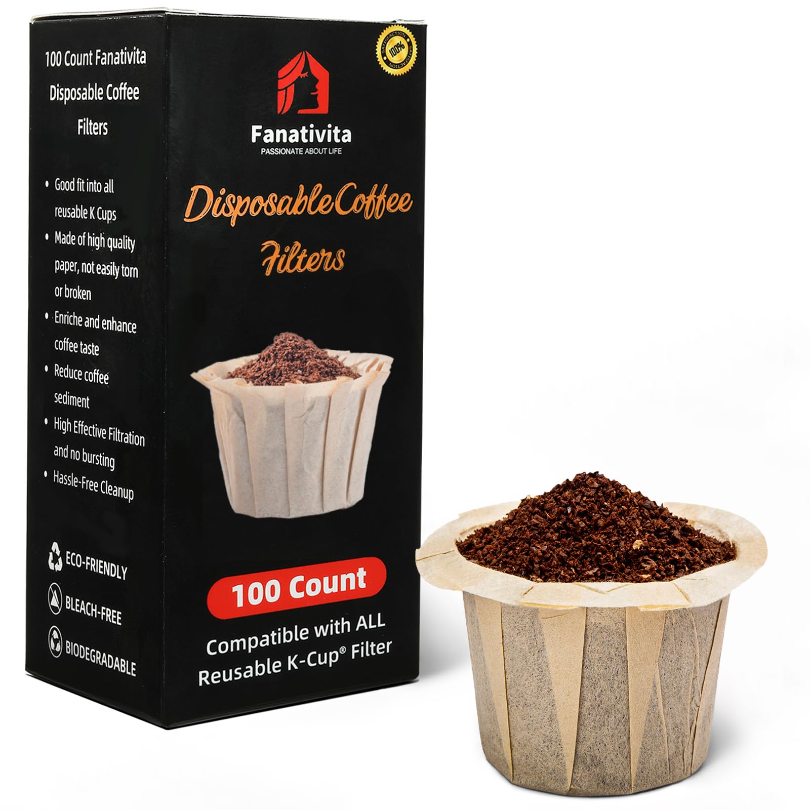 Fanativita K Cup filters in a box highlight unbleached, clean brewing for Keurig machines.
