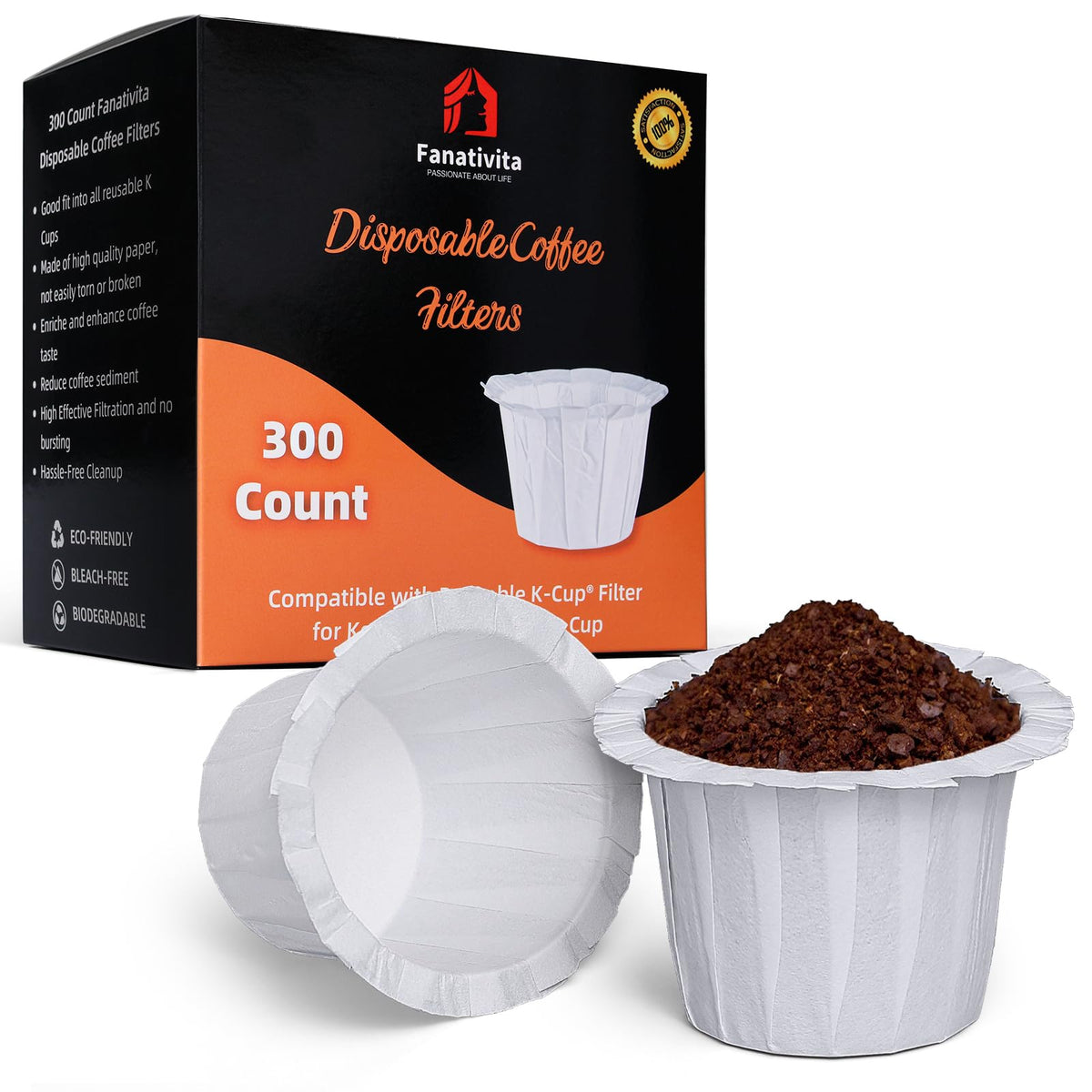 Fanativita K Cup filters packaging shows bulk 300-count convenience for reusable pod users.