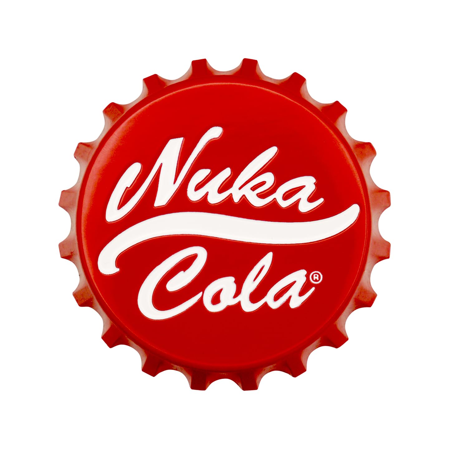 Fanattik Fallout Nuka-Cola bottle opener close-up enamel logo with durable finish.