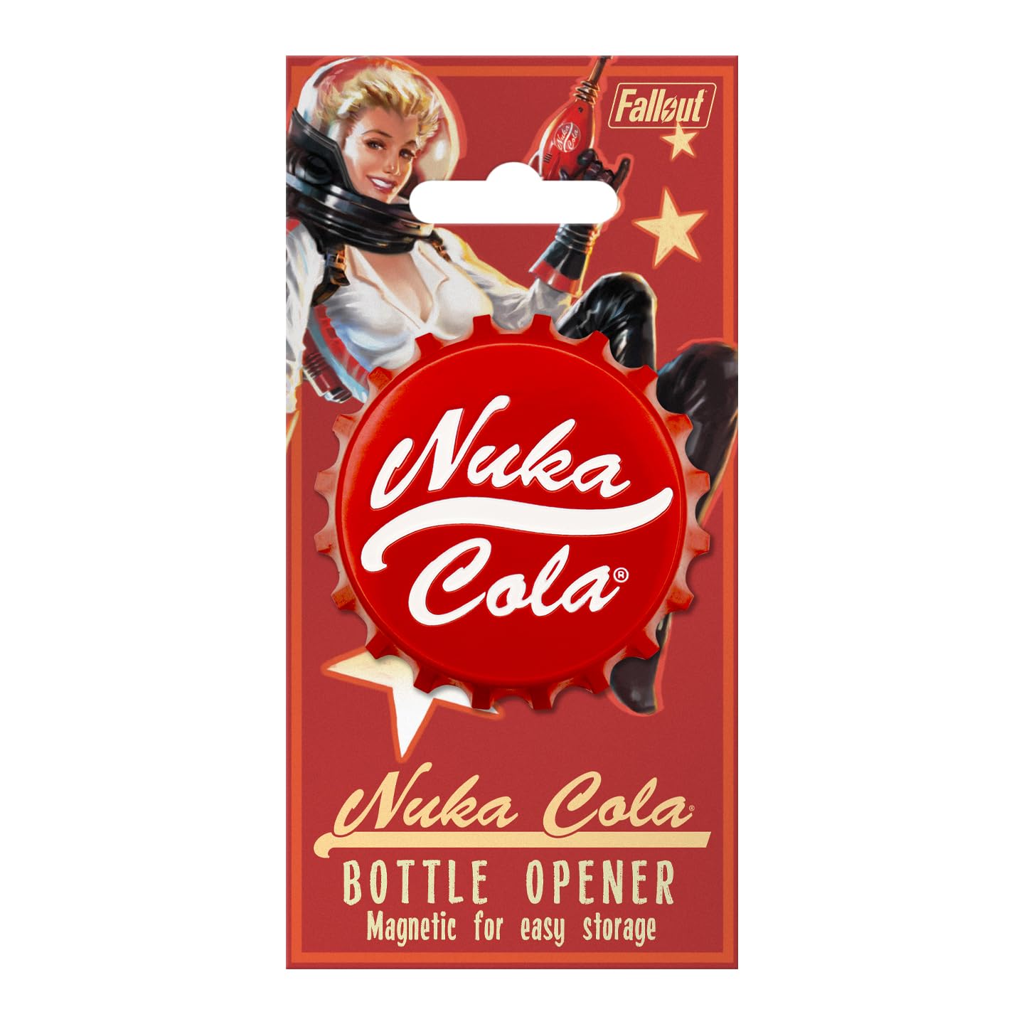 Fanattik Fallout Nuka-Cola bottle opener magnet back for convenient storage between uses.