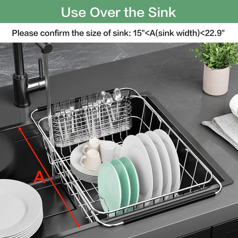 Fanbsy dish drainer on sink, illustrating efficient kitchen organization and drying.