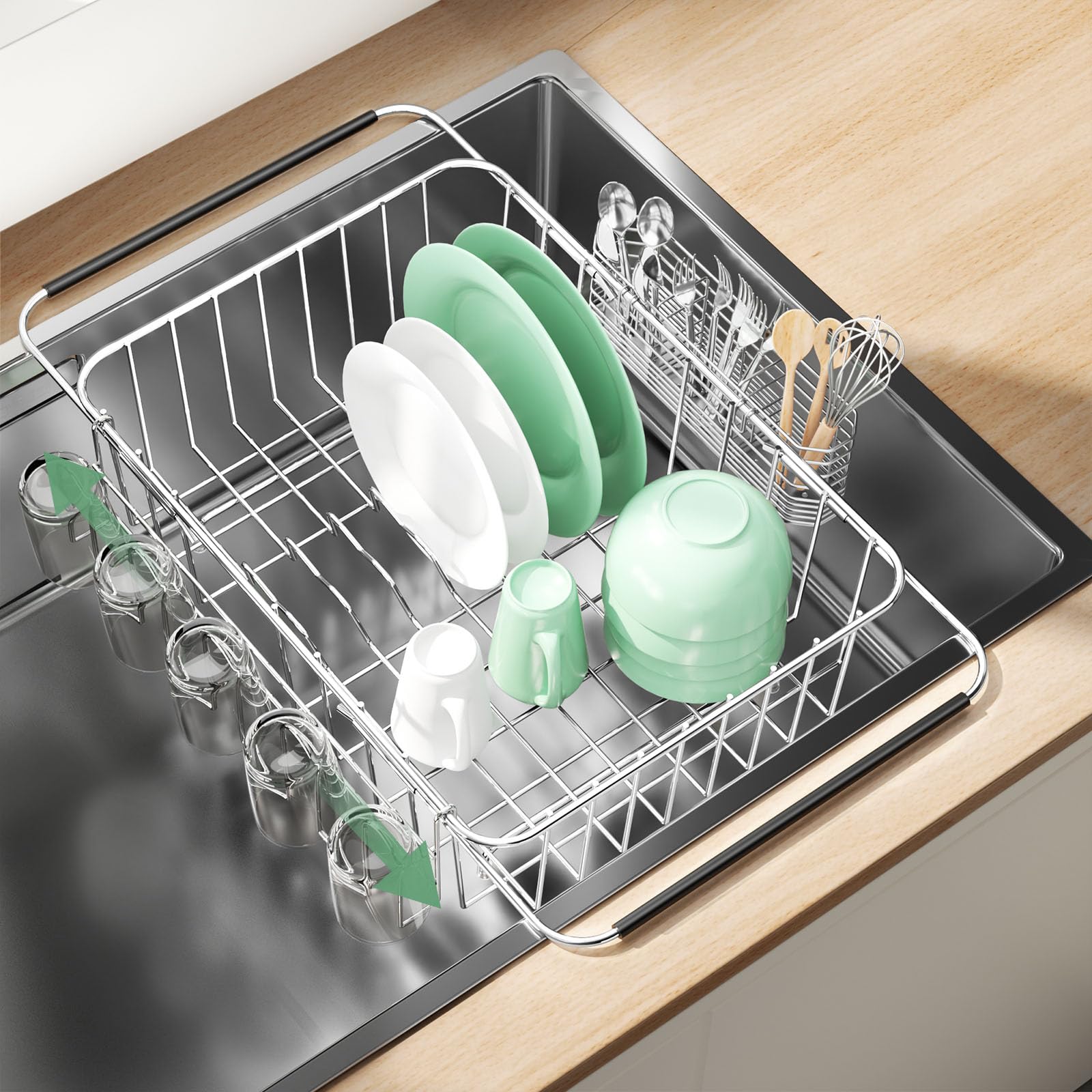Fanbsy dish drying rack over sink extendable for compact kitchen organization