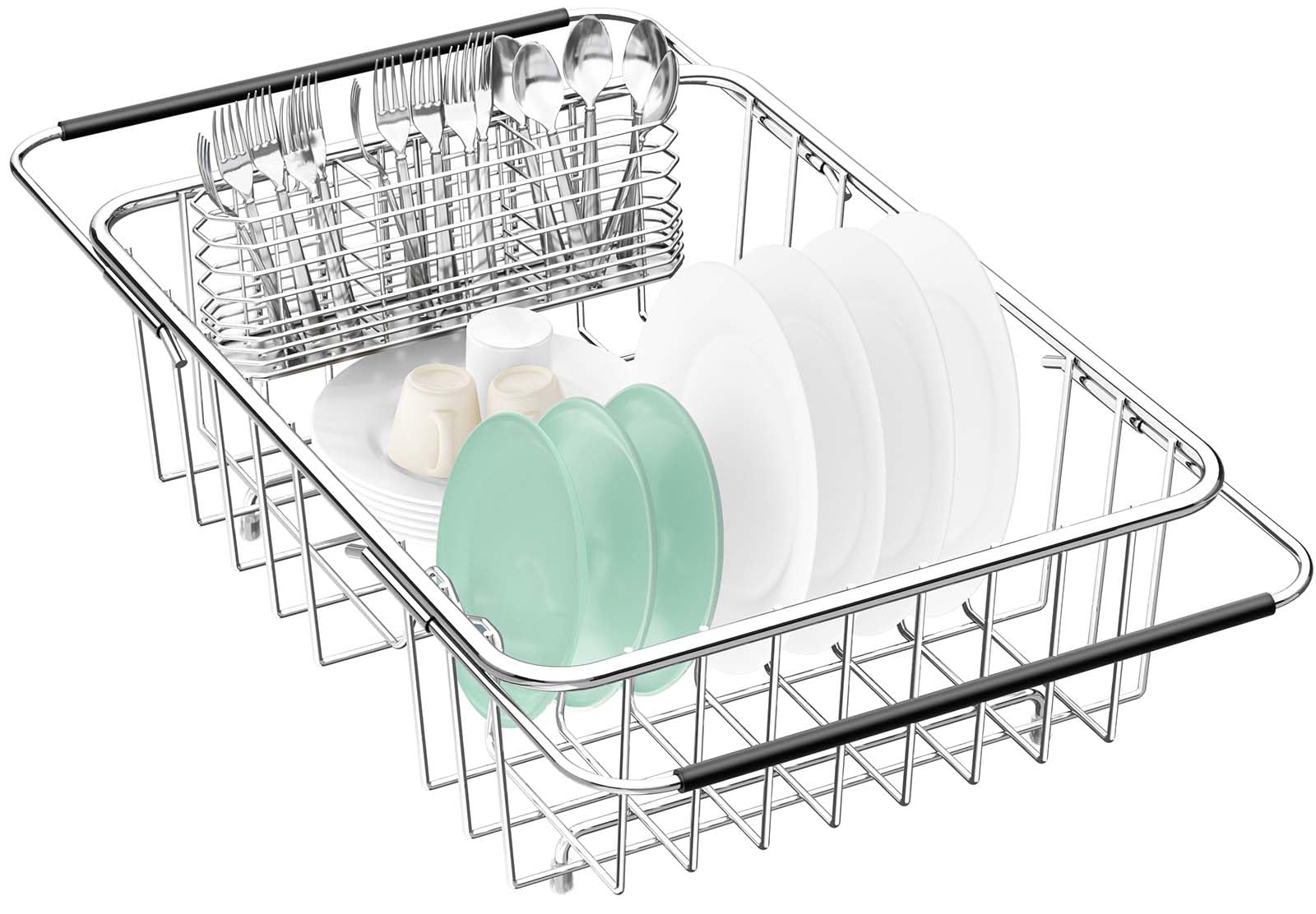 Fanbsy large dish drainer over-sink extended view, showcasing space-saving setup.