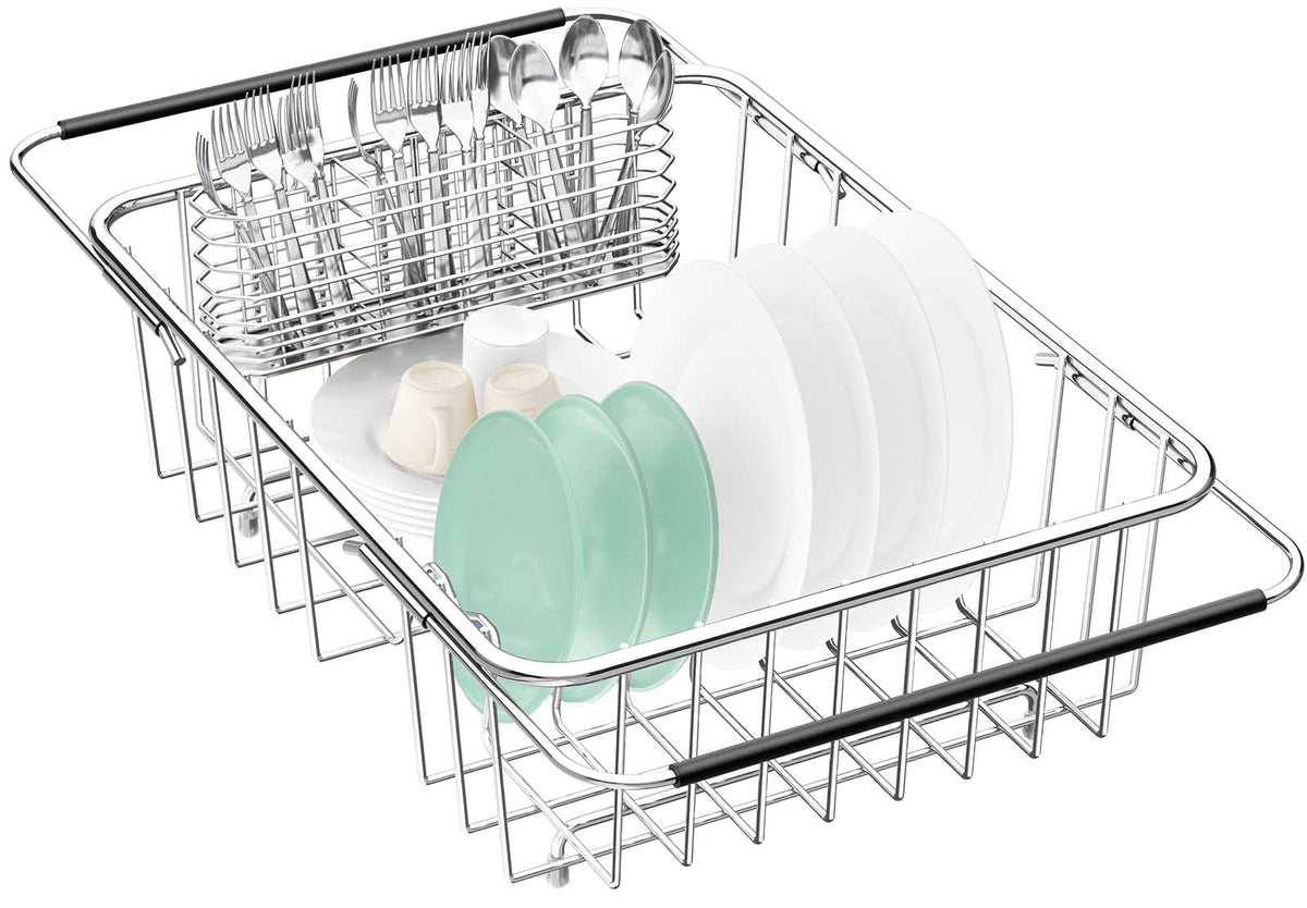 Fanbsy large dish drainer over-sink extended view, showcasing space-saving setup.