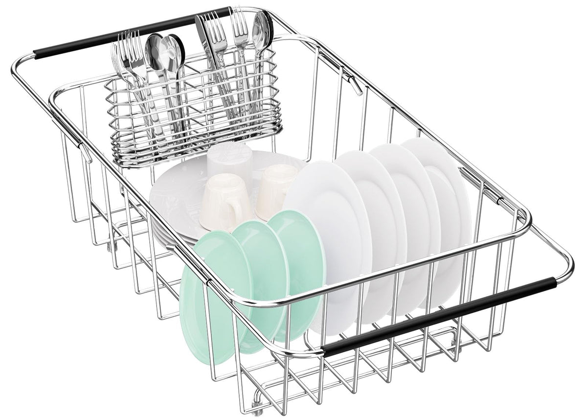 Fanbsy small dish drainer over sink assembly for space-saving drying.
