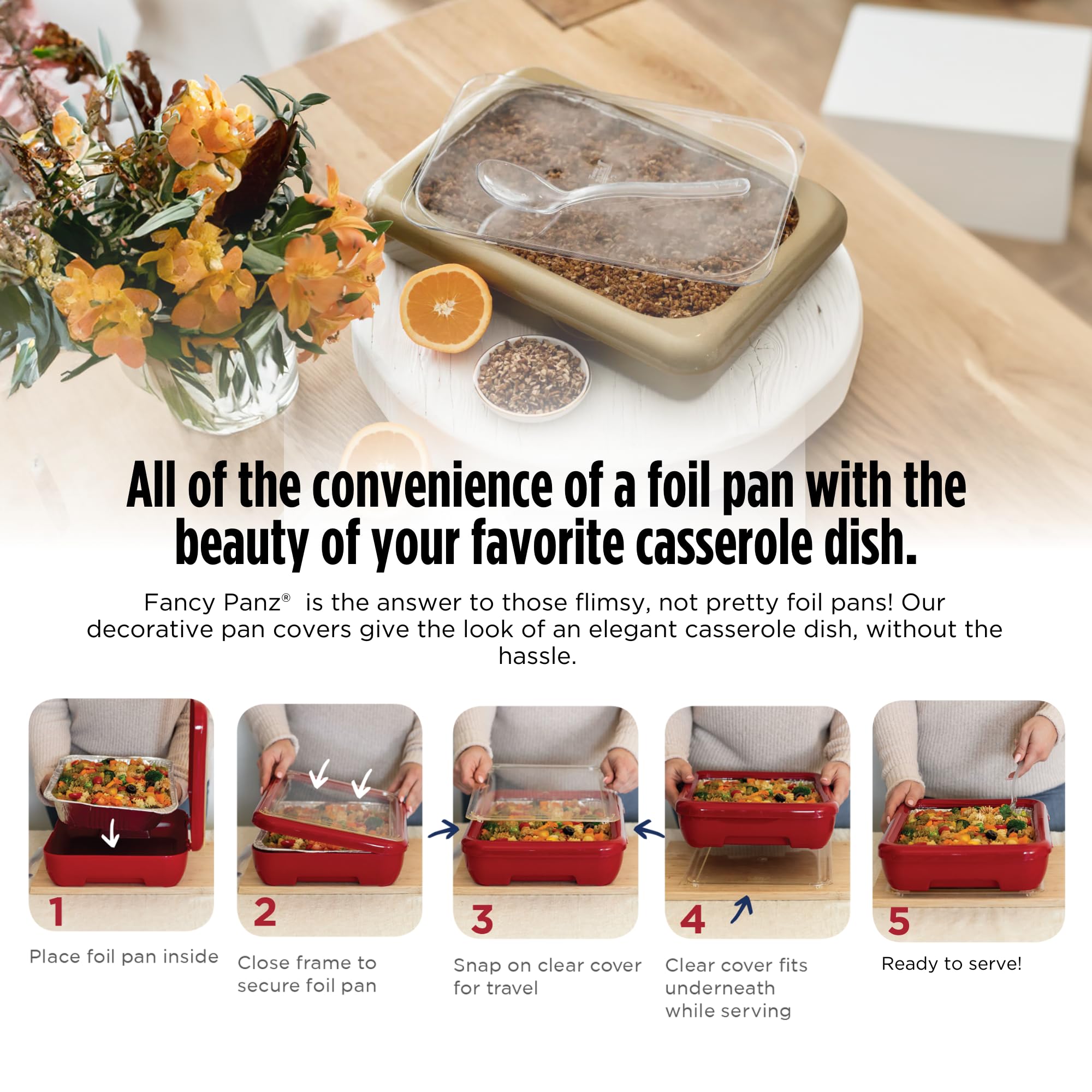 Fancy Panz Denim Blue carrier holds a 9x13 pan for polished serving.