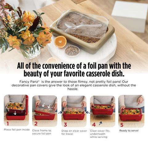 Fancy Panz Denim Blue carrier holds a 9x13 pan for polished serving.