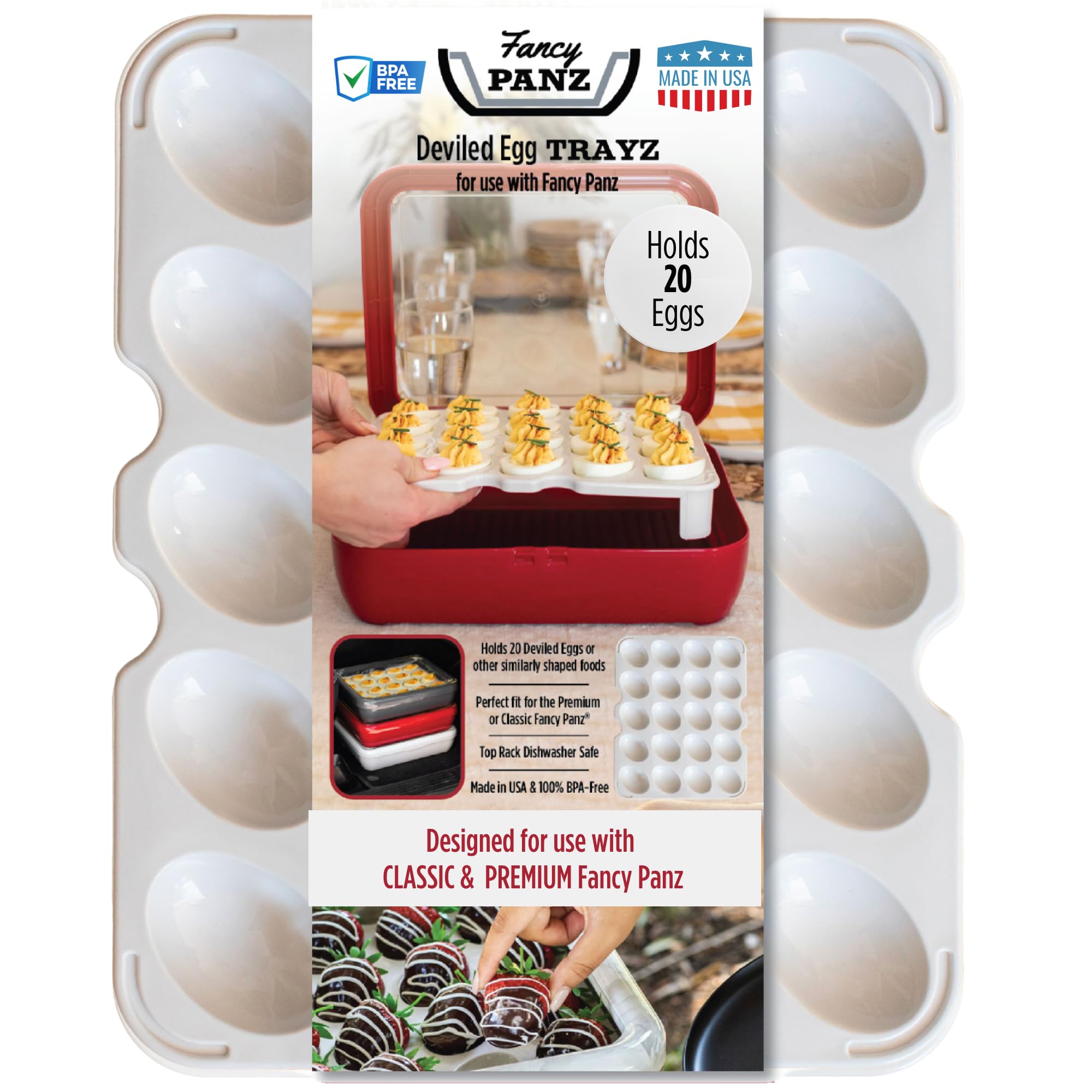 Fancy Panz Deviled Egg Trayz holds 20 eggs securely for easy transport.