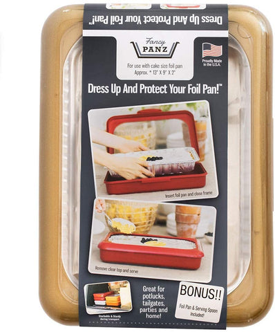 Fancy Panz gold glitter 9x13x2 pan carrier for portable party serving.