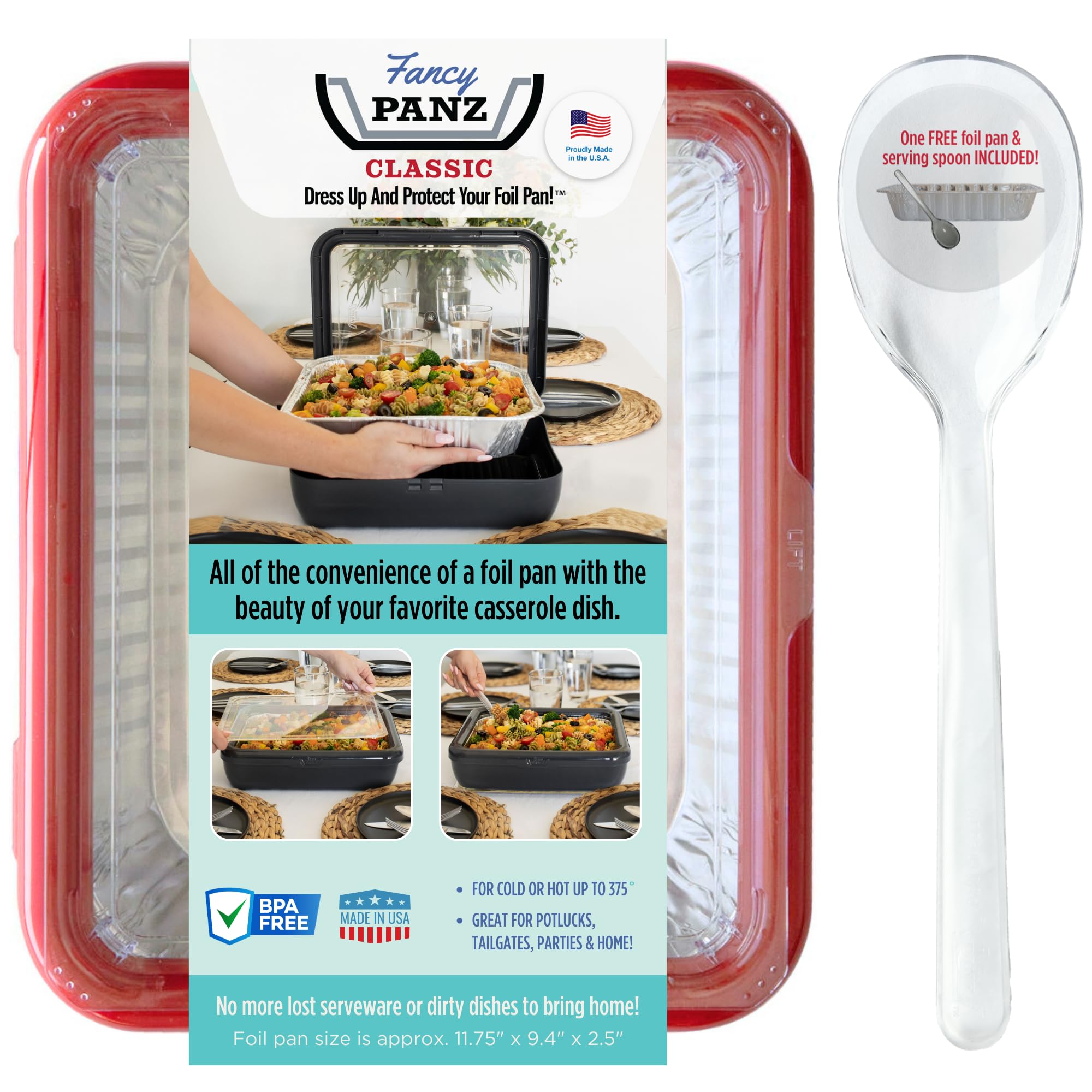 Fancy Panz red classic foil pan carrier with lid keeps food stylish and protected.