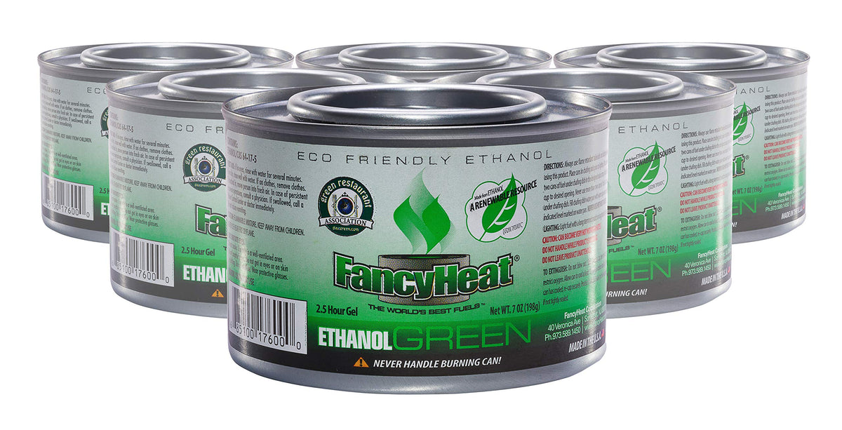 FancyHeat green ethanol gel fuel pack of six cans for eco-friendly event heating.