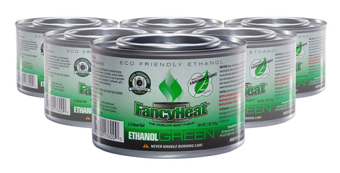 FancyHeat green ethanol gel fuel pack of six cans for eco-friendly event heating.