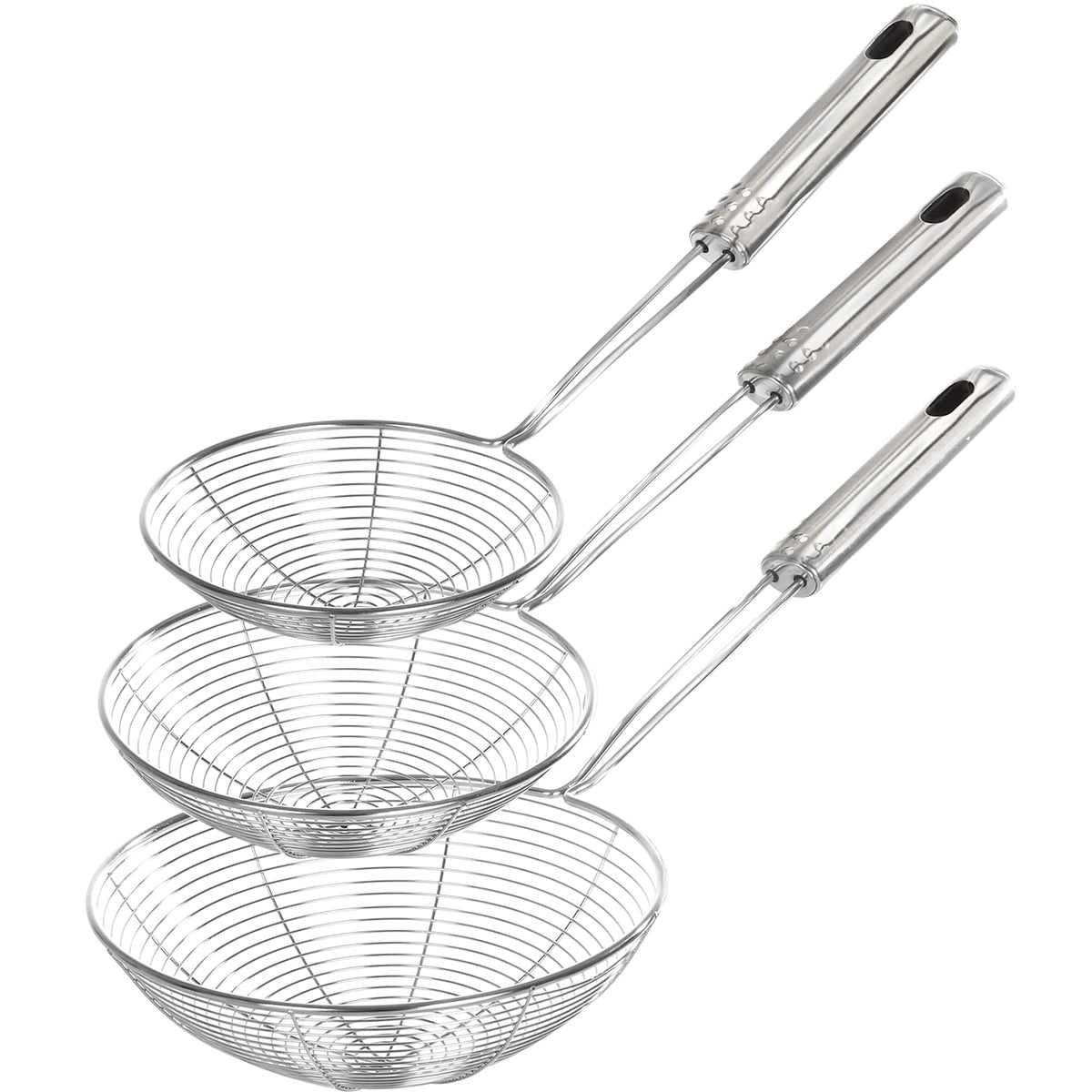 Fancymay spider strainer collection in three sizes for versatile cooking tasks.