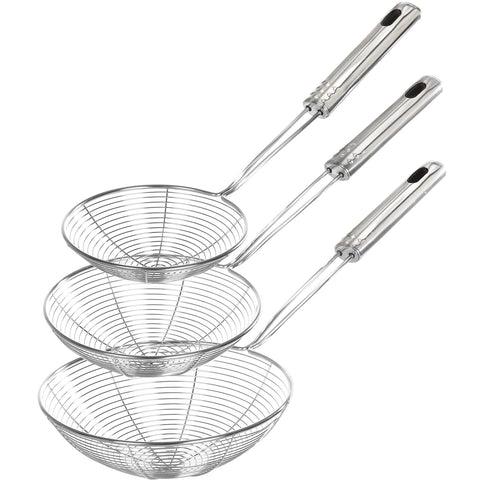 Fancymay spider strainer collection in three sizes for versatile cooking tasks.