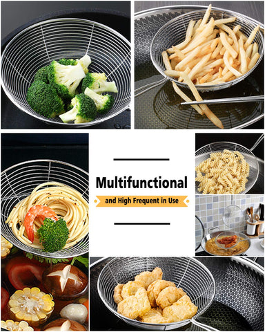 Fancymay versatile strainer for frying, boiling, and pasta draining.
