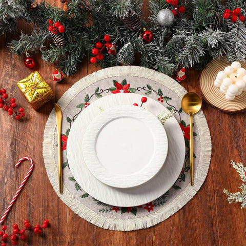 Fanfanwin embroidered poinsettia pattern enhances holiday dining ambiance.