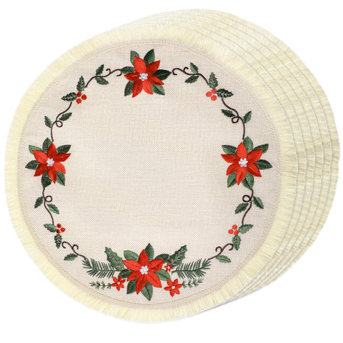 Fanfanwin round Christmas placemats with poinsettia embroidery for festive tables.