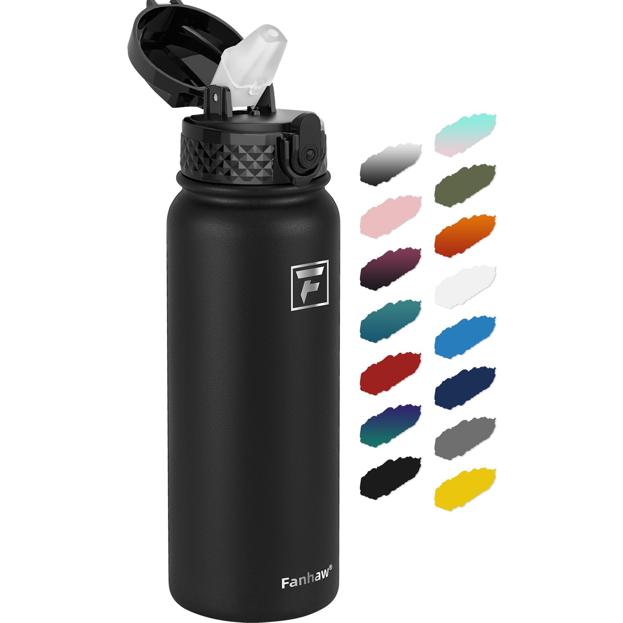 Fanhaw 20 oz insulated bottle front view in black for all-day hydration