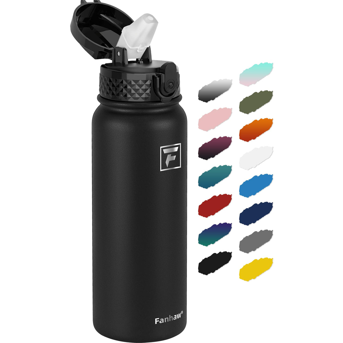 Fanhaw 20 oz insulated bottle front view in black for all-day hydration
