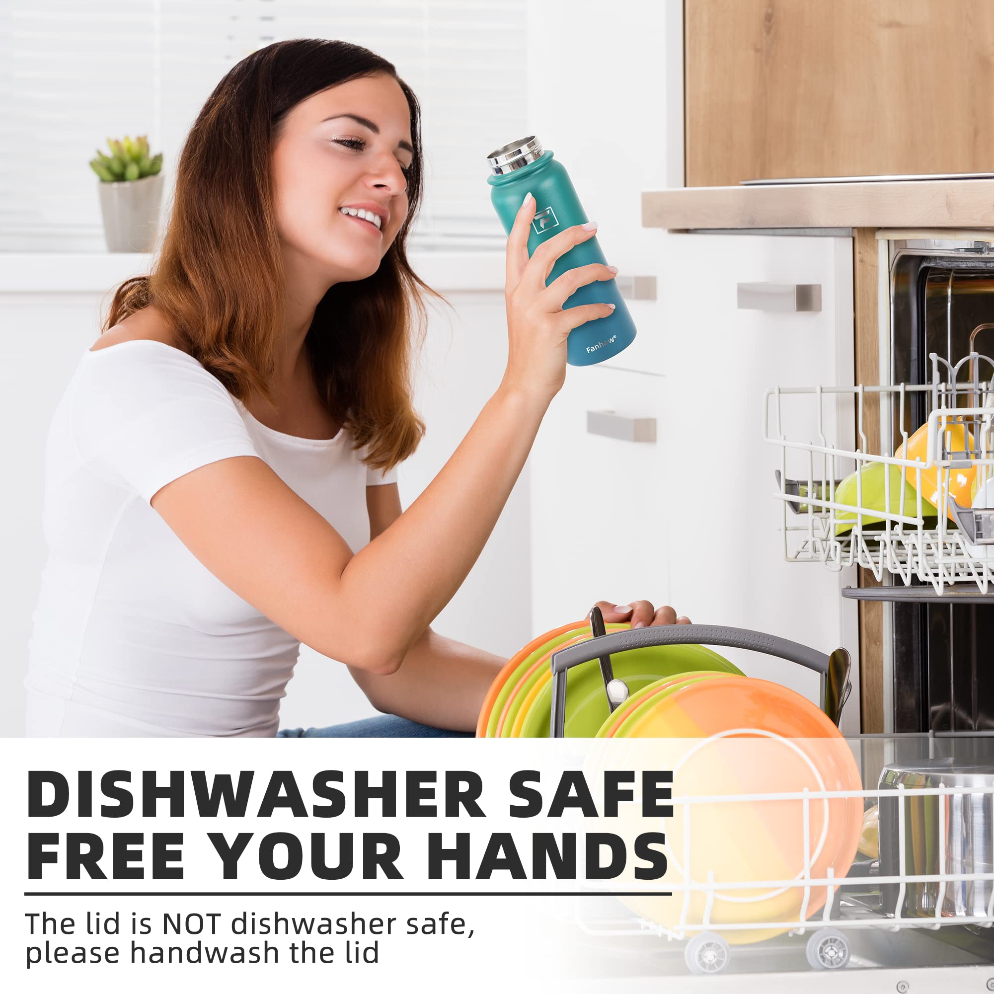 Fanhaw bottle care note: dishwasher-safe bottle; hand-wash the lid to protect seal