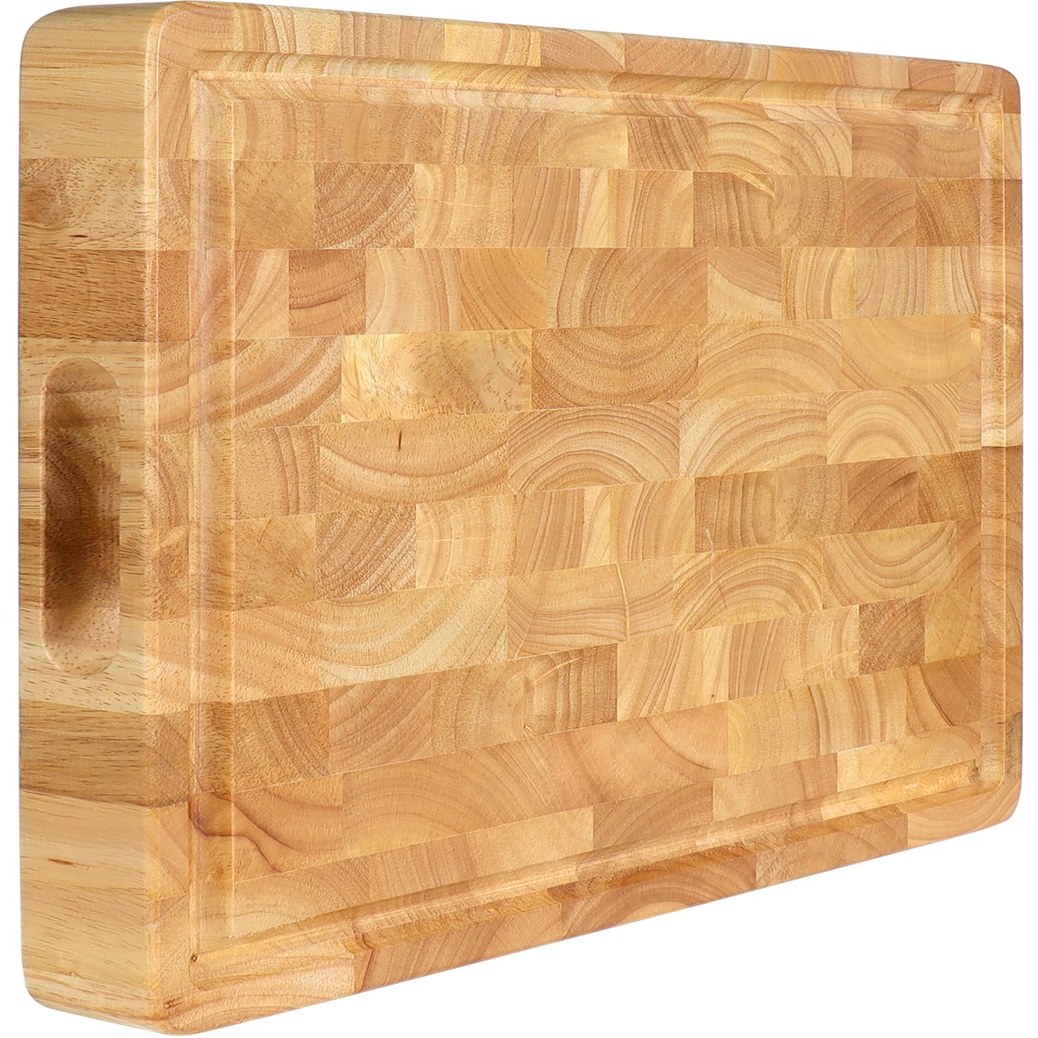 FANICHI end grain cutting board with juice groove catching liquids during prep.