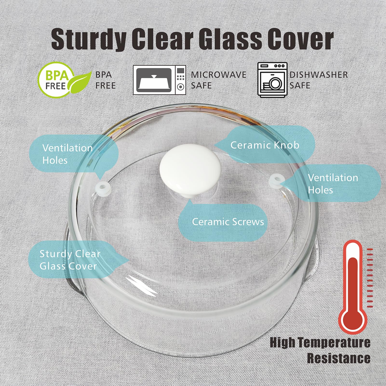 FANQIEW BPA-free splatter cover with ceramic knob; safe handling.