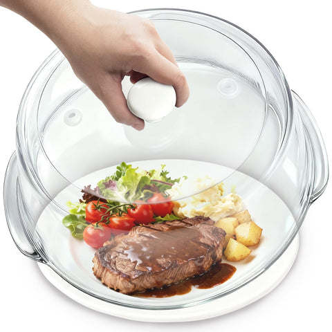 FANQIEW glass microwave splatter cover on a 10-inch plate prevents splatters.