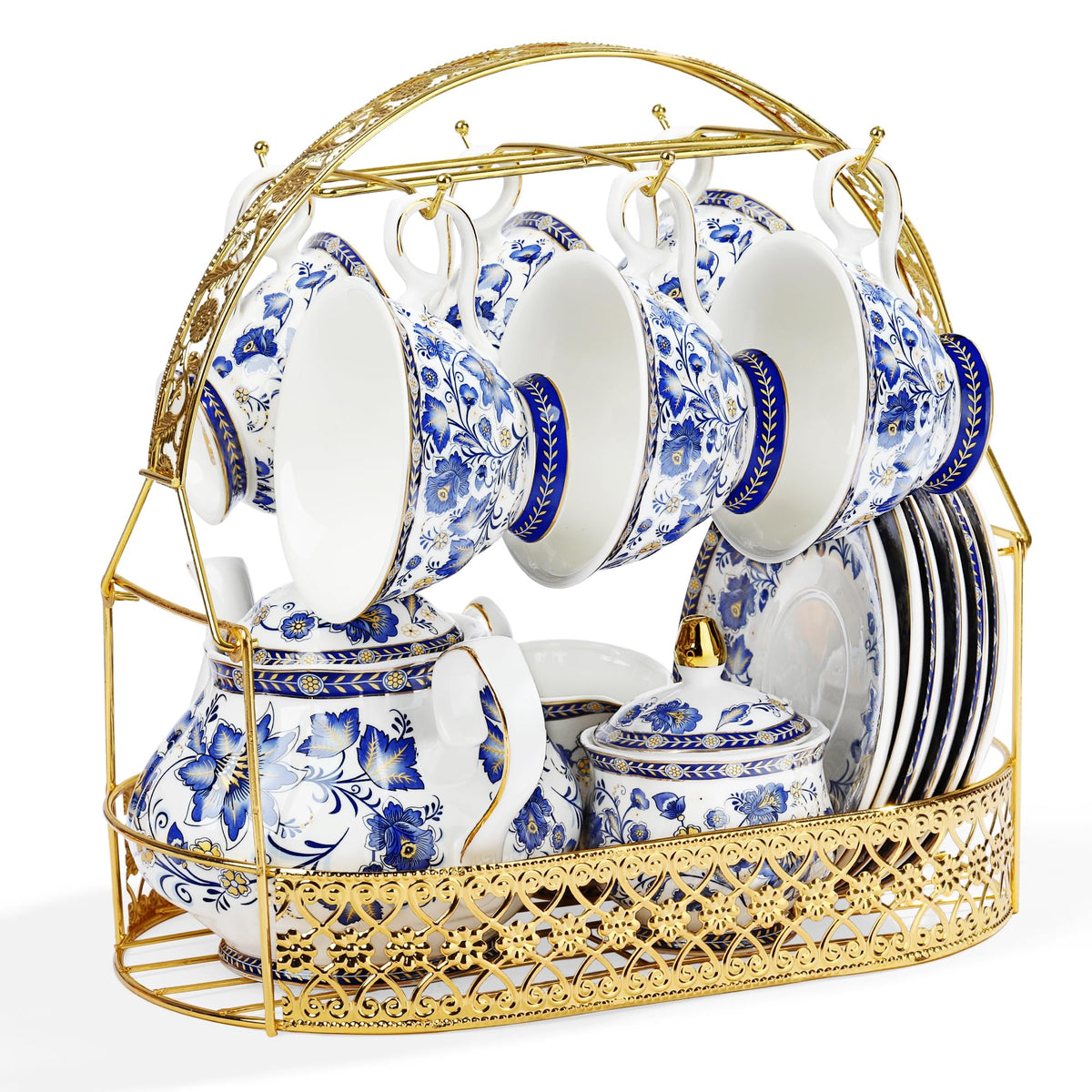 Fanquare blue porcelain teacups and saucers for elegant entertaining