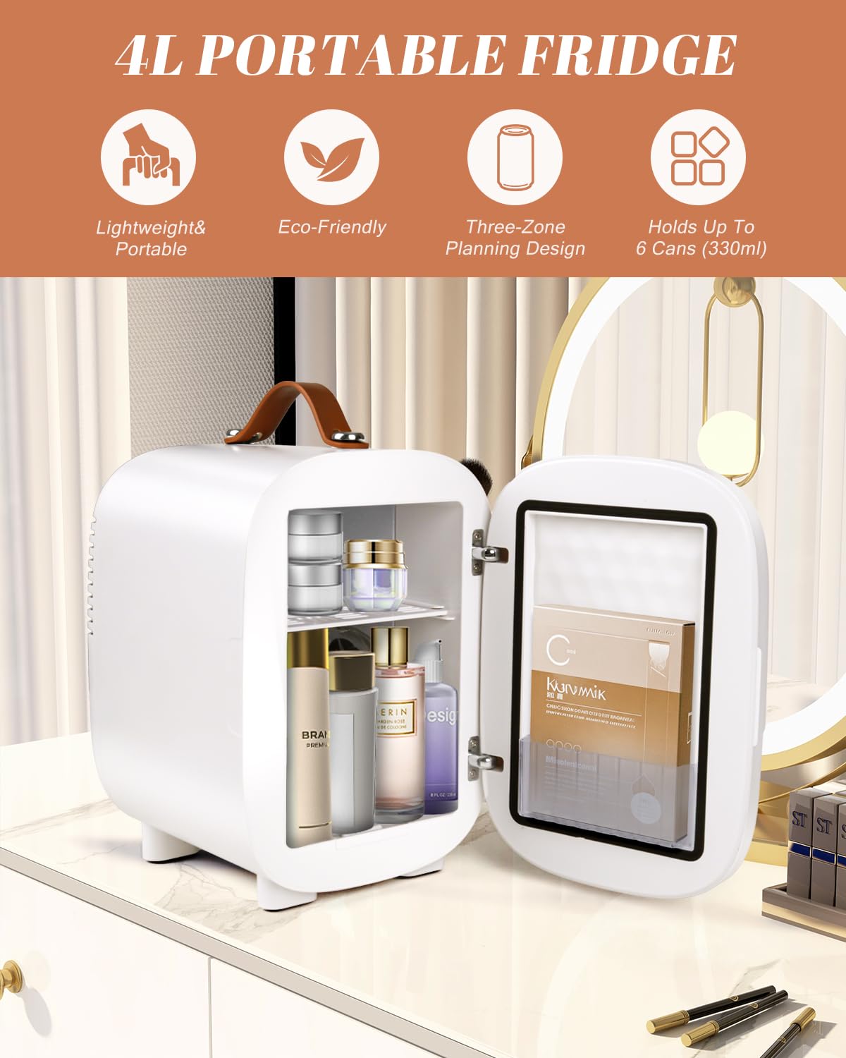 FANSEXPERT mini fridge shows cooling and heating modes to balance products